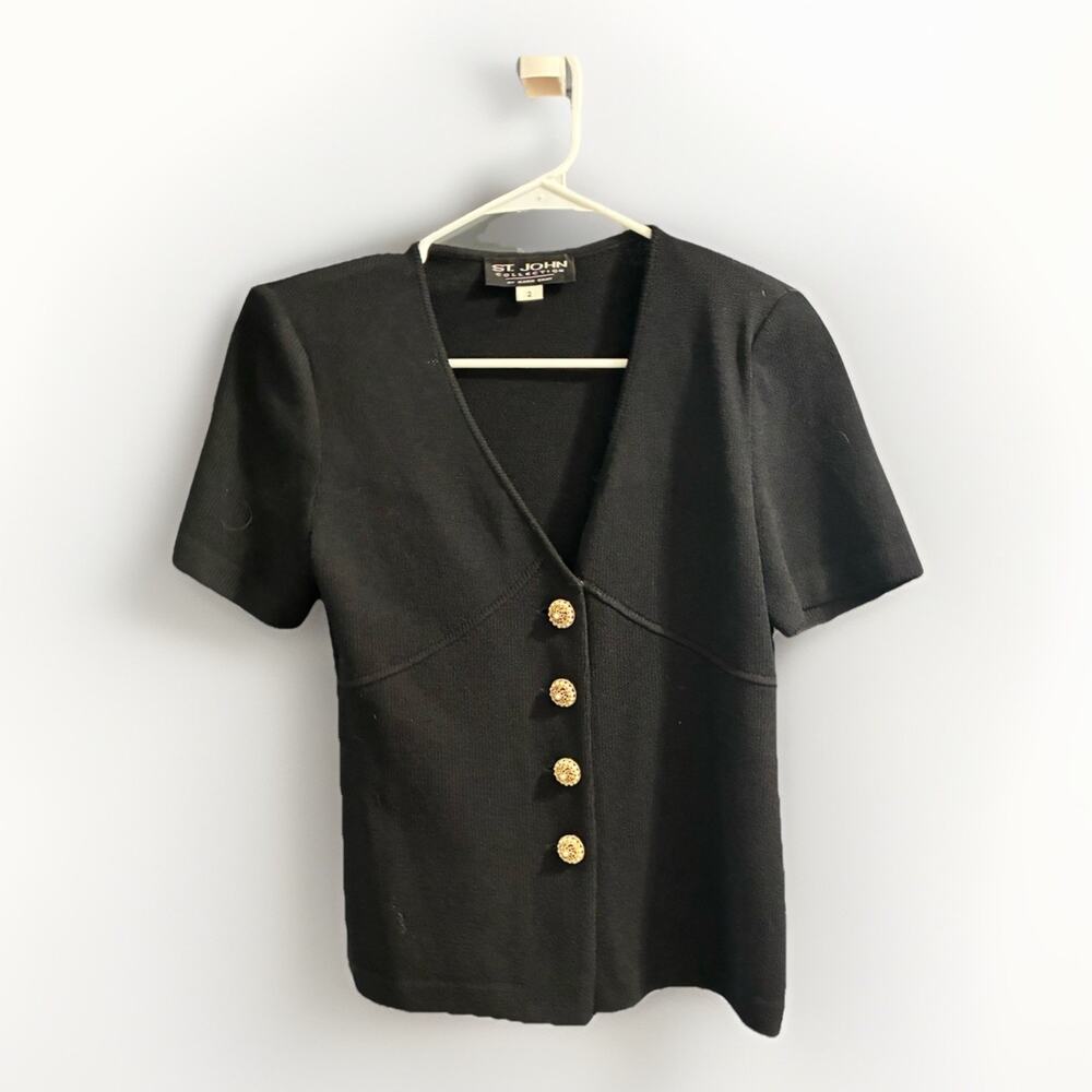 ST JOHN by Marie Gray Cardigan Short Sleeve Black Santana Knit Jacket *read Sz 2